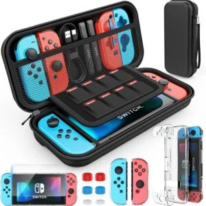 Étui compatible avec Nintendo Switch, kit d'accessoires 9 en 1 avec étui de transport, coque de protection pour station d'accueil, protecteur d'écran HD et 6 capuchons pour les pouces