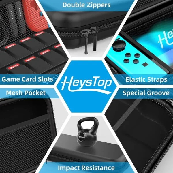 Étui compatible avec Nintendo Switch, kit d'accessoires 9 en 1 avec étui de transport, coque de protection pour station d'accueil, protecteur d'écran HD et 6 capuchons pour les pouces – Image 3
