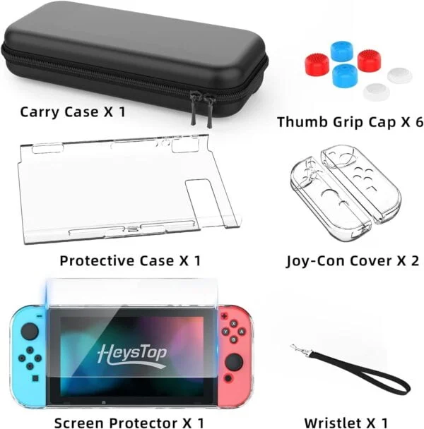Étui compatible avec Nintendo Switch, kit d'accessoires 9 en 1 avec étui de transport, coque de protection pour station d'accueil, protecteur d'écran HD et 6 capuchons pour les pouces – Image 8