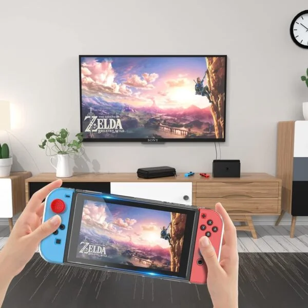 Étui compatible avec Nintendo Switch, kit d'accessoires 9 en 1 avec étui de transport, coque de protection pour station d'accueil, protecteur d'écran HD et 6 capuchons pour les pouces – Image 9